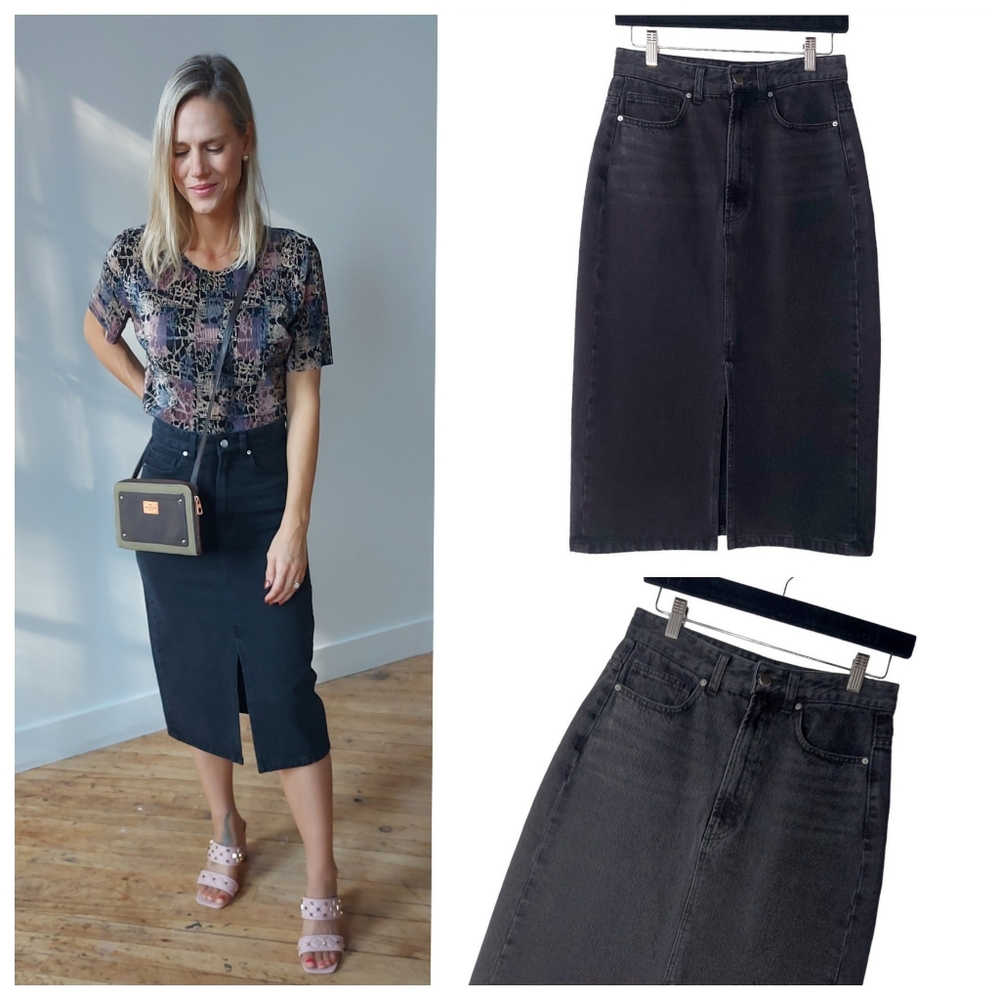 NWT H&M BLACK CHARCOAL DENIM JEAN MIDI SKIRT SIZE 6